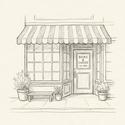 Pencil sketch of a small-town Main Street storefront