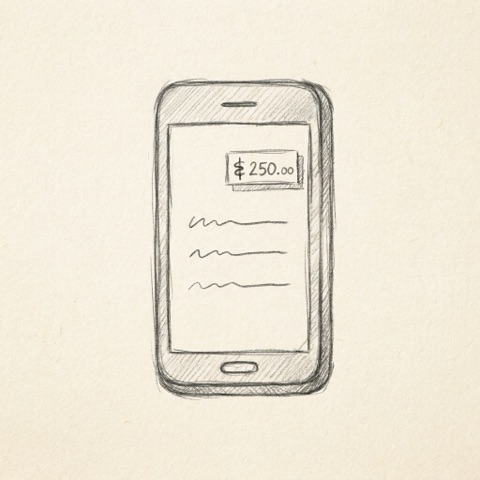 Pencil sketch of a smartphone with banking app