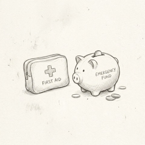 Pencil sketch of a first-aid kit next to a piggy bank