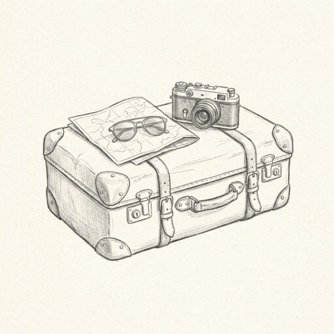 Pencil sketch of a packed travel suitcase